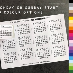 Calendar sticker for your bullet journal, calendar, planner or agenda. Monday or Sunday start. 29 color options. bujostickers.com  50