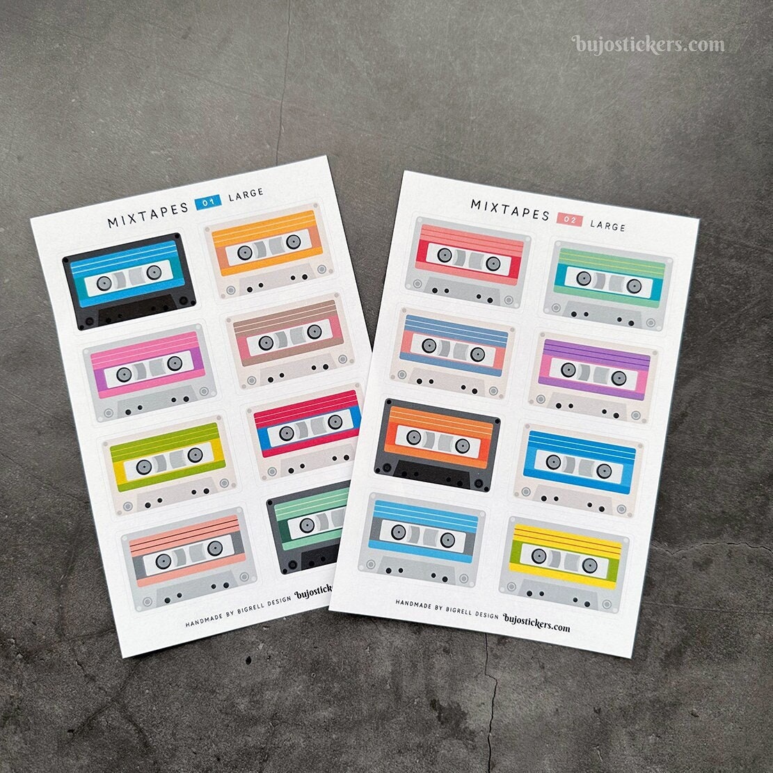 Mixtapes stickers, retro music tape, cassette recorder, paper labels, 80's style boom box, groovy scrapbooking and cardmaking supplies