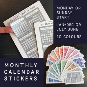 Monatliche Kalender/Tracker Sticker für ein Jahr. Montag oder Sonntag Start. Für Bujo, Planer & Tracking. 20 Aquarelloptionen.