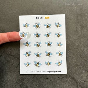Abejas, pegatinas de abejas. Pegatinas mate únicas dibujadas a mano. Insecto, mosca, naturaleza. Para álbumes de recortes, planificación y decoración • bujostickers.com 01