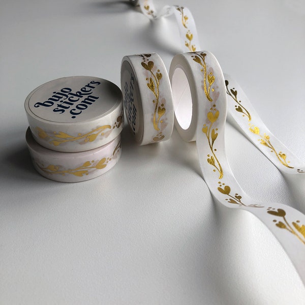 Feuille d’or Ruban Washi • Design floral en feuille d’or sur fond blanc • 15 mm x 10 m • bujostickers.com 024