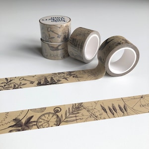 Washi tape • Vintage ontwerpen en symbolen op bruine achtergrond • 25 mm x 10 m • bujostickers.com 019