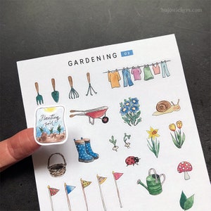 Tuinieren 02 • Stickers met kruiwagen, planten, bloemen, gereedschap, slak, lieveheersbeestje, waslijn voor bujo, kaarten, scrapbooking, brieven.