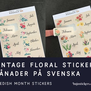 Månaderna på svenska ! Autocollants de mois suédois avec des fleurs vintage pour bullet journals, planificateurs, calendriers, etc. bujostickers.com 35-36