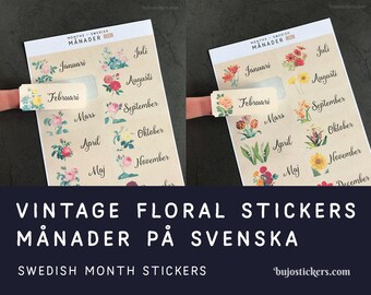 Månaderna på svenska! Swedish month stickers with vintage flowers for bullet journals, planners, calendars etc. bujostickers.com 35-36