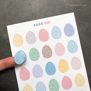 Huevos 01 • Pegatinas con huevos de pascua pastel para bujo, tarjetas, álbumes de recortes, cartas, diario. Rosa, púrpura, amarillo, azul, huevo de pato, moteado