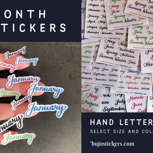 Handgeletterde maanden januari-december stickers. Voor bujo, bullet journaling, planners, kalenders, scrapbookingateliers en meer. bujostickers.com
