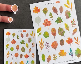 Naklejki z jesiennymi liśćmi. Akwarelowe liście w odcieniach pomarańczu i zieleni. Do kartek kolażowych, journalingu, scrapbookingu, listów. bujostickers.com