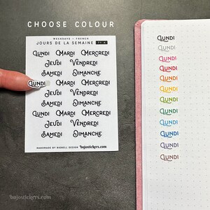 Autocollants avec les jours de la semaine. Adesivi dei giorni feriali in francese, Français. 14 opzioni di colore. Bullet journal, agenda, diario • 70