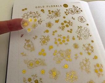 Gold florals • Gold foil washi stickers 02 • Flowers • Bullet journaling, organizing, decorating, scrap booking. bujostickers.com