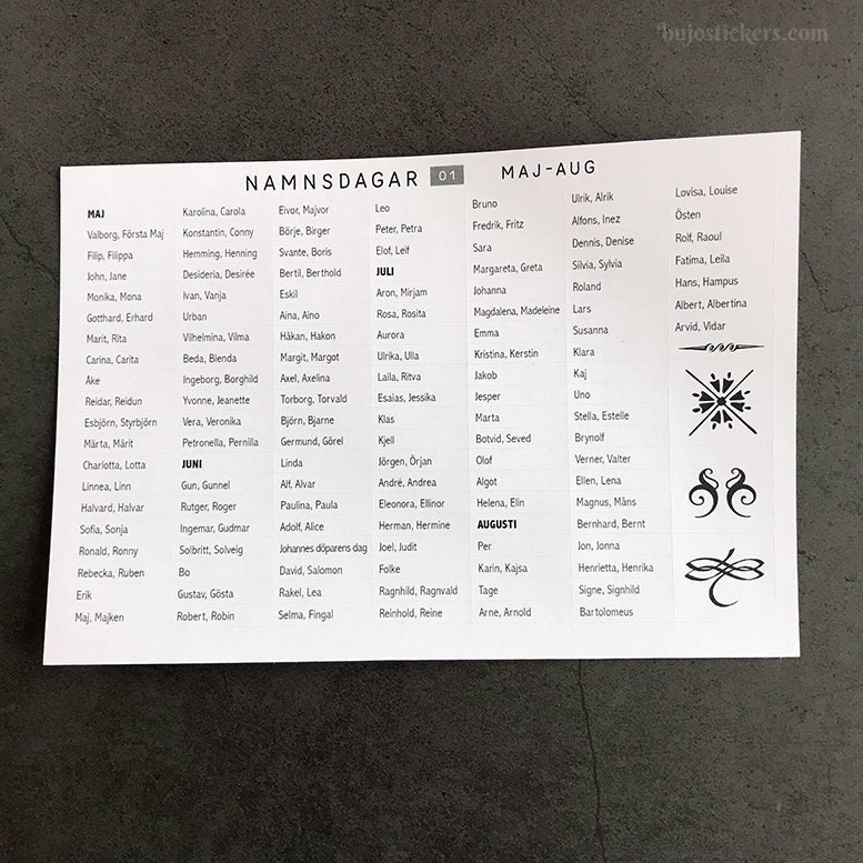 Swedish Name Day Stickers Svenska Namnsdagar for Bullet Etsy