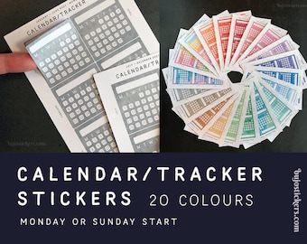 Monthly calendar/tracking stickers for one year. Write YOUR OWN HEADING. Monday or Sunday start. For bujo, planners & tracking.