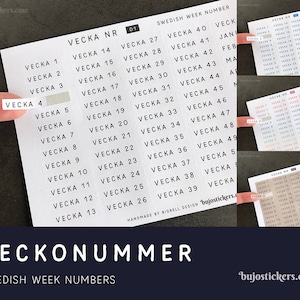 Veckonummer. Zweedse weeknummers voor bullet journals, bujo's, kalenders, planners, agenda's. Månader januari-december. bujostickers.com 01-04