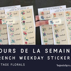 Jours de la Semaine. Autocollants en semaine en français avec des fleurs vintage. Pour bullet journal, bujo, calendrier, planificateurs, etc. bujostickers.com