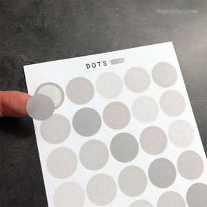 Dots A10 stickers in five warm grey shades. Use for bujo, paper crafting, planning, organizing. Thin matte paper stickers. bujostickers.com