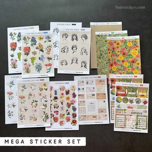 MEGA stickerset met zowel functionele als decoratieve stickers. Vintage meisjes, bloemen, bloemen, brieven, oud papier, stroken. bujostickers.com