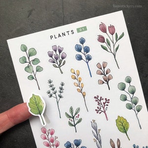 Planten 01 • bloemstickers, bladeren, bloemen, botanische lente- en zomerstickers, uniek en handgemaakt door bujostickers.com