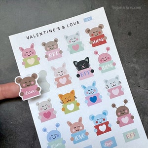 Autocollants d'amour mignons avec des animaux tenant des notes d'amour. Ours en peluche, chat, lapin. Valentine's & Love 03. Lettres, cartes, notes romantiques, amitié