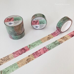 Cinta Washi • Vintage Letters & Postage en verde, rosa y beige • Cinta decorativa de enmascaramiento • 15 mm x 10 m • bujostickers.com 061