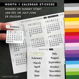Kalenderstickers en maanden januari-december. Maandag of zondag start. 29 kleuren. bujo, bullet journal, planner, enz. bujostickers.com 50