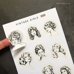Vintage Mädchen Aufkleber • 2 Größen • Collage, Art Journal, Bullet Journaling, Scrapbooking, Paper Crafting • Bleistift Illustration Portraits