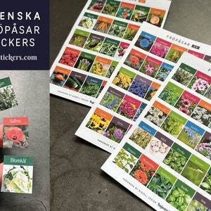Fröpåsar. Pegatinas de paquetes de semillas sueco/svenska. Trädgård så odla plantera. Planta de siembra de jardín. Grönsaker, blommor, örter. bujostickers.com