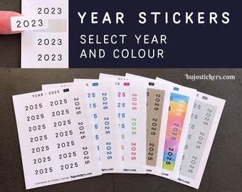 Year stickers for bullet journals, bujo, calendars, planners etc. Year 2023, 2024 or 2025. Thin matte paper stickers. bujostickers.com 07-12