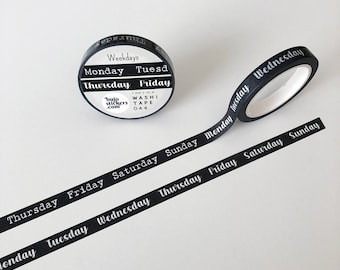 Weekdays Black Washi tape • Typewriter font & Script font in white on black • Planner masking tape • 7 mm x 10 m • bujostickers.com 044