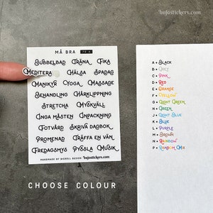 Må bra rubrikstickers på svenska. Self care, bubbelbad, hälsa, fika, myskväll, 14 options de couleurs. Bullet journaling, planning, calendriers • 70