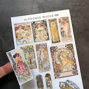 Alphonse Mucha 02 Pegatinas decorativas para bujo, agendas, scrapbooking, cartas, etc. Pegatinas hechas a mano Ilustraciones Art Nouveau y Ephemera