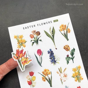 Paasbloemen • Stickers met vintage bloemen zoals narcissen, tulpen, iris, hyacinten voor bujo, kaarten, scrapbooking, brieven. 02