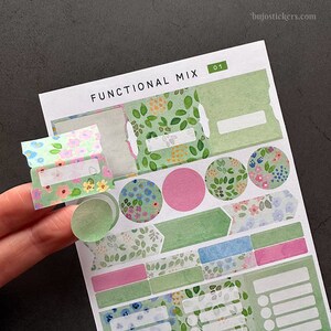 Functional stickers • Mix of tabs, arrows, banners, dots, to do lists. Watercolor leaf and flower decor. Green & Pink. bujostickers.com 01