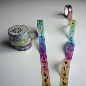 Gold foil Washi tape • Floral design in gold foil on rainbow watercolor background • 15 mm x 10 m • bujostickers.com 021
