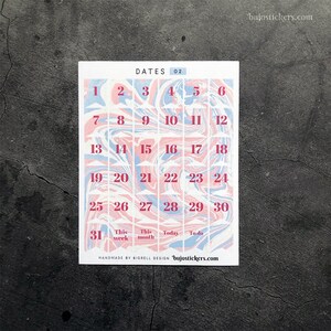 Dates 02 Marbled pink/blue functional number sticker flags for bullet journaling & planners. Date cover stickers. Numbers 1-31 with extras.