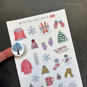 Vacances d'hiver 02 – De jolis autocollants illustrés ! Skis, pull, bonhomme de neige, manteau, bonnet tricoté, patin à glace, flocons de neige, mitaines, écharpe à l'extérieur