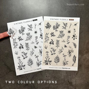 Aufkleber mit Vintage Blumen, Blumen und Pflanzen. Schwarz und Weiß. Für Junk- und Bullet Journals, Scrapbooking, Kartenbasteln, Journaling etc