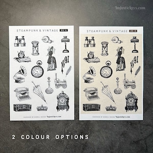 Adesivos Steampunk 02 • Relógio vintage, guarda-chuva, baú, senhora com sombrinha, coroa, garrafa, máquina de escrever, máquina, relógio, ampulheta, coruja, engrenagem