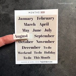 Months stickers 03. January-December. For bullet journal, bujo, planner, calendar, agenda etc. Thin matte paper stickers. bujostickers.com