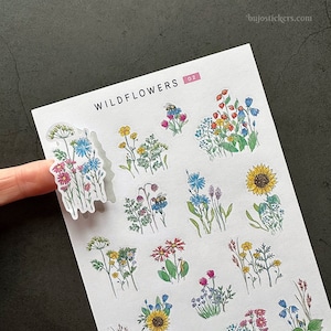 Autocollants de fleurs sauvages • Autocollants de fleurs illustrés uniques pour le scrapbooking, lettres, cartes, bullet- et journaux d'art. Fleurs à l'aquarelle.