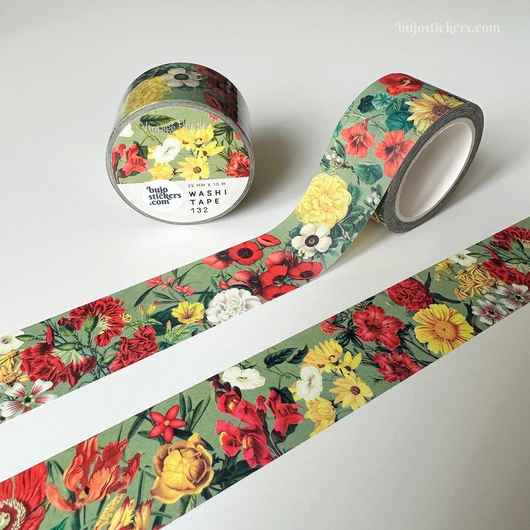 Flower Washi Tape • Red, Yellow and White Florals • Vintage Style ...