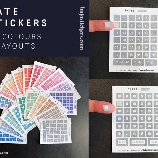 Date stickers 20 colour options. Numbers 1-31 and bonus symbols/words. Date your planner, bujo, agenda or calendar. Watercolour background.