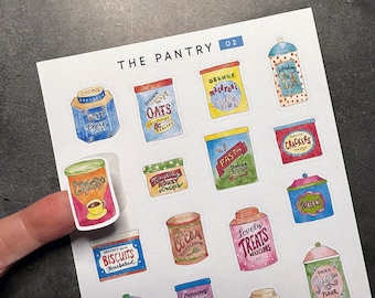 Vintage style Kitchen pantry stickers • Illustrated Food tins, coffee, pasta, oats, tea, cookies, macaroni & more for your decoration needs!