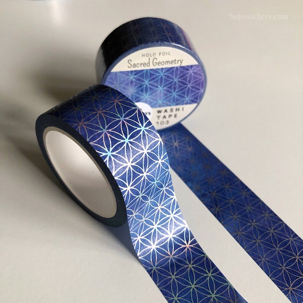 Holo Washi tape • Sacred Geometry Silver Holographic foil on Blue watercolor • Flower of life pattern • 20 mm x 10 m • bujostickers.com 103