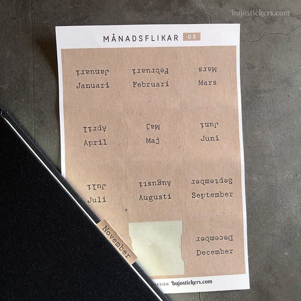 Månadsflikar 03 • Swedish Kraft paper style tabs with typewriter style months of the year • Double sided tabs for planners • Easy to fold