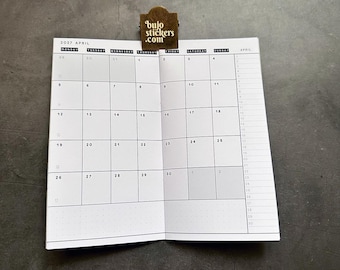 Dated Monthly calendar • Traveler's Notebook booklet insert refill • Regular size • 100+ cover options and 3 paper choices.