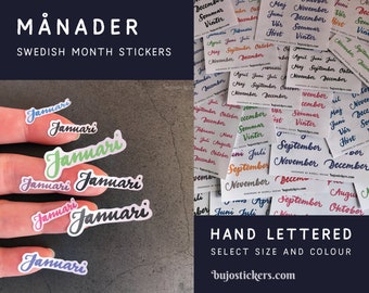 Månader Januari-December på svenska. Handtextade. Stickers for bujo, bullet journaling, planners, calendars and more. bujostickers.com