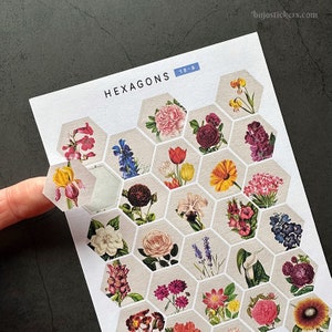 Vintage floral hexagon stickers for bujo, planners, scrap booking, crafting and more. Old paper background. Art-, junk-, bullet journaling.