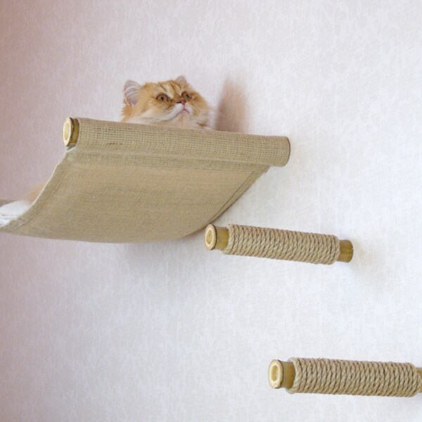 Wall-mounted bamboo hammock with climbing steps - a cat furniture set