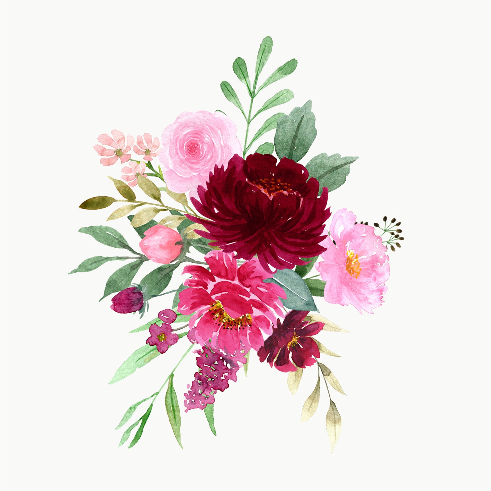 Bordeaux and blush Watercolor floral clipart Burgundy Etsy