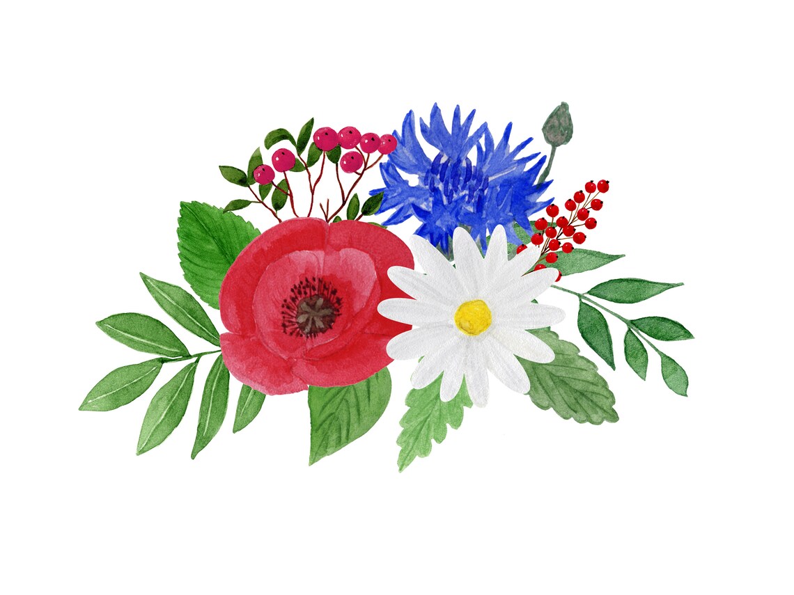 Watercolor Floral Wreath Clipart Bright Red White Blue Flowers Etsy